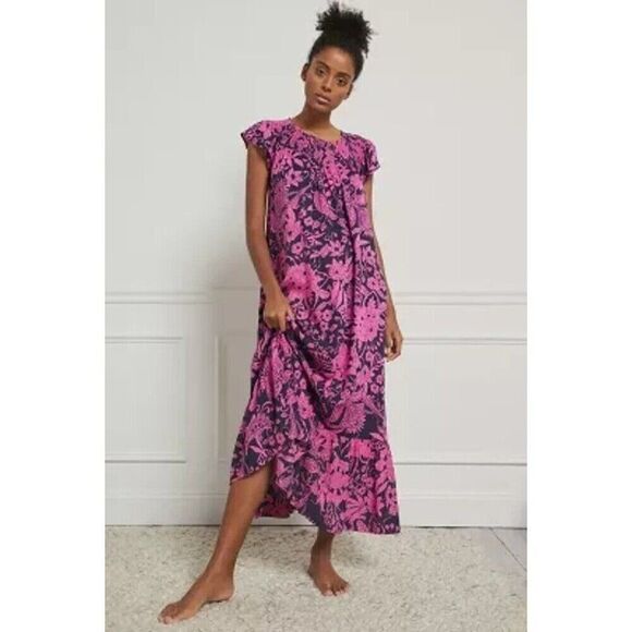 Anthropologie XS Arielle Sleep Maxi Dress Pink Navy Pockets Boho - Picture 4 of 11
